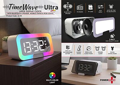 TimeWave Ultra: Large Clock with Bluetooth speaker, Mobile Stand & RGB Lights