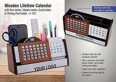 Wooden Lifetime Calendar With Pen Holder, Mobile Holder, Card Holder And Writing Pad Holder