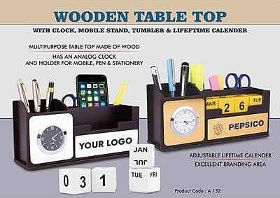 Wooden Table Top With Clock, Mobile Stand, Tumbler, And Lifetime Calendar
