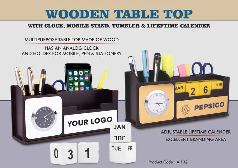 Wooden Table Top With Clock, Mobile Stand, Tumbler, And Lifetime Calendar Wooden Table Top With Clock, Mobile Stand, Tumbler, And Lifetime Calendar