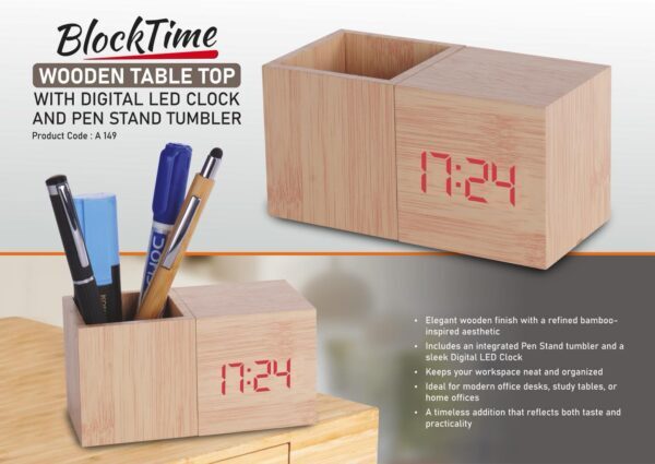 BlockTime: Wooden Table Top with Digital LED Clock and Pen Stand tumbler BlockTime: Wooden Table Top with Digital LED Clock and Pen Stand tumbler