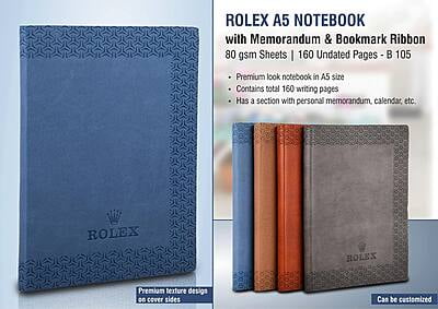 Rolex A5 Notebook With Memorandum & Bookmark Ribbon| 80 Gsm Sheets | 160 Undated Pages