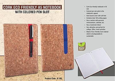Cork Eco Friendly A5 Notebook With Colored Pen Slot | Hard-Bound Cover | With Memorandum & Bookmark Ribbon| 80 Gsm Sheets | 160 Undated Pages