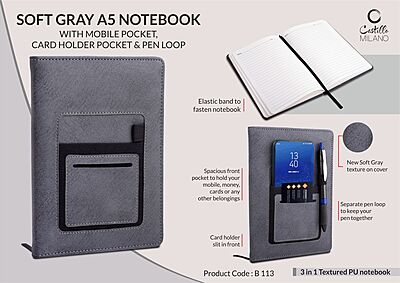 Soft Gray A5 notebook with mobile pocket,