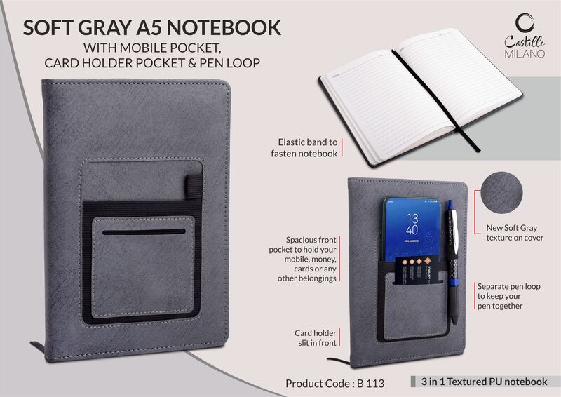 Soft Gray A5 notebook with mobile pocket, Soft Gray A5 notebook with mobile pocket,