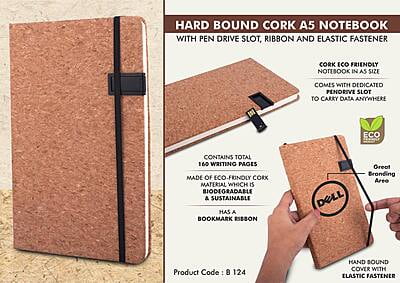Hard Bound Cork A5 Notebook With Pen Drive Slot, Ribbon And Elastic Fastener