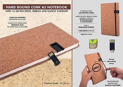 Hard bound Cork A5 notebook with Pen Drive, Ribbon and elastic fastener