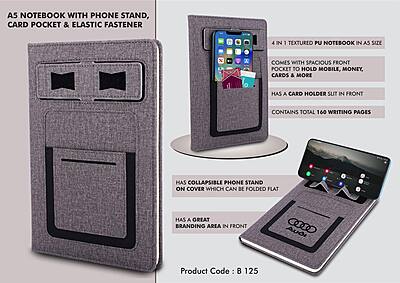 A5 notebook with Phone stand, card pocket,