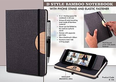 D Style Bamboo Notebook With Phone Stand And Elastic Fastener