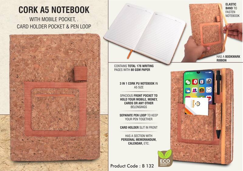 Cork A5 notebook with mobile pocket, Cork A5 notebook with mobile pocket,