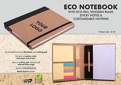 Eco Notebook with Eco Pen, Wooden Ruler and Sticky notes