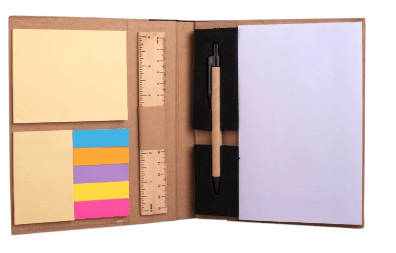 Eco Notebook with Eco Pen, Wooden Ruler and Sticky notes Eco Notebook with Eco Pen, Wooden Ruler and Sticky notes