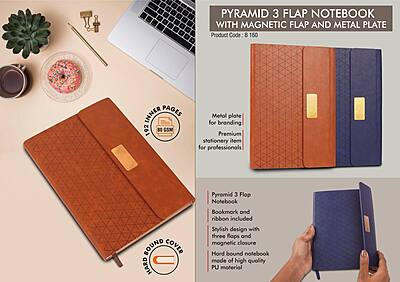 Pyramid 3 fold notebook with Magnetic flap and metal plate