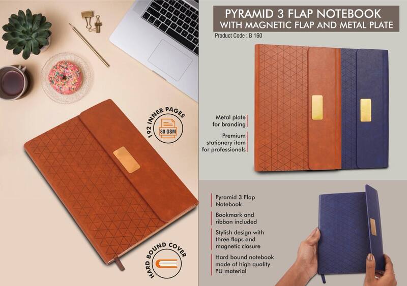 Pyramid 3 fold notebook with Magnetic flap and metal plate Pyramid 3 fold notebook with Magnetic flap and metal plate