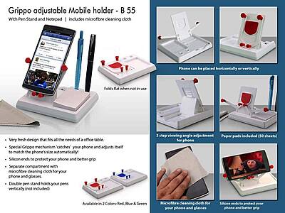 Grippo Mobile holder with angle adjustment, pen stand, and notepad