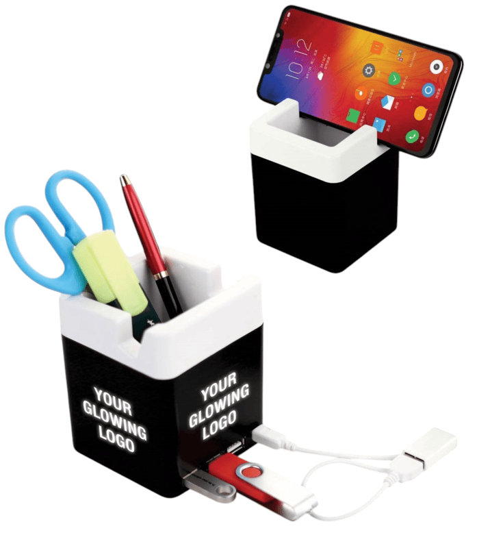 PowerGlow USB hub with tumbler and logo highlight