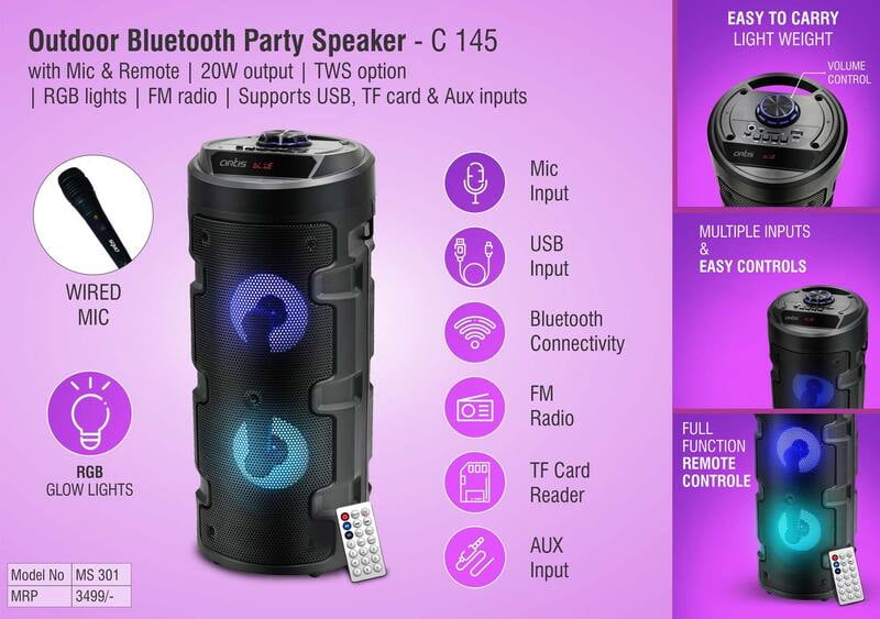 Artis Outdoor Bluetooth Party Speaker With Mic & Remote | 20W Output | Tws Option | Rgb Lights | Fm Radio | Supports Usb, Tf Card & Aux Inputs (Ms301)