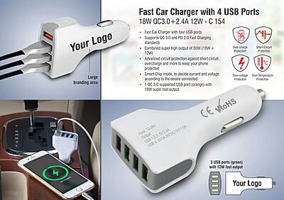 Fast Car Charger With 4 Usb Ports | 18W Qc3.0+2.4A 12W