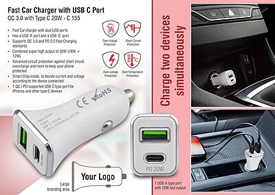 Fast car charger with USB C port