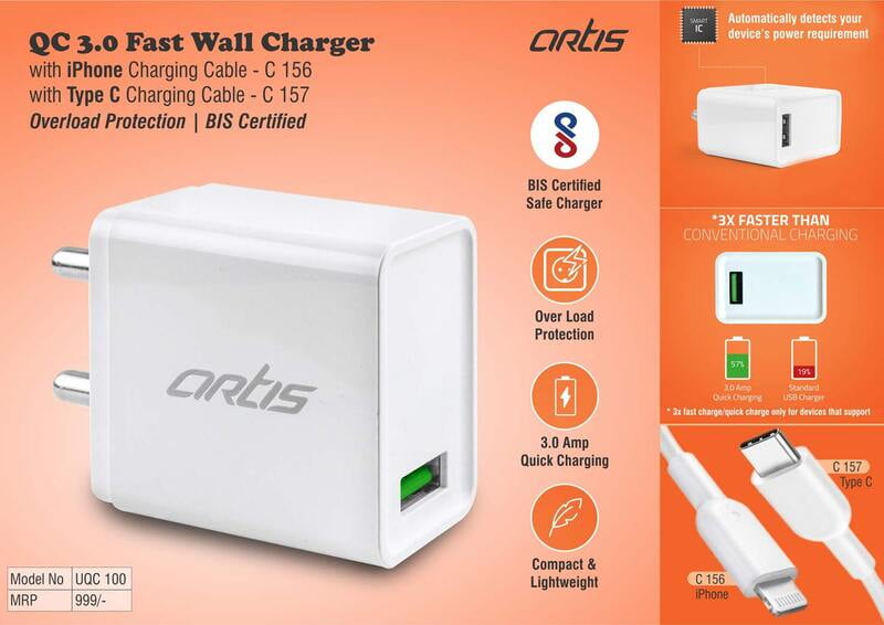 Artis Qc 3.0 Fast Wall Charger With Iphone Charging Cable | Overload Protection | Bis Certified