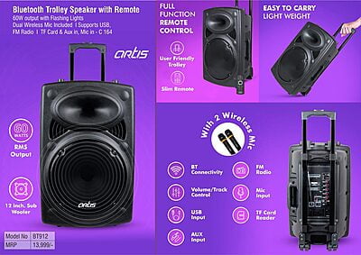 Artis Bluetooth Trolley Speaker With Remote | 60W Output | Dual Wireless Mics Included | Supports Usb, Fm Radio, Tf Card, Aux In, Mic In