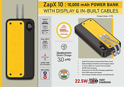 ZapX 10: 10,000 mAh Power bank with Display & In-Built Cables
