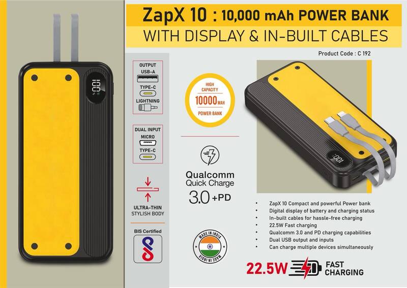 ZapX 10: 10,000 mAh Power bank with Display & In-Built Cables ZapX 10: 10,000 mAh Power bank with Display & In-Built Cables