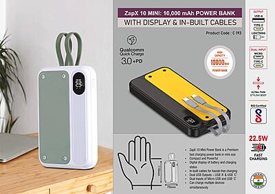 ZapX 10 Mini: 10,000 mAh Power bank with Display & In-Built Cables
