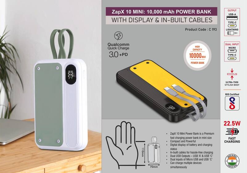 ZapX 10 Mini: 10,000 mAh Power bank with Display & In-Built Cables ZapX 10 Mini: 10,000 mAh Power bank with Display & In-Built Cables
