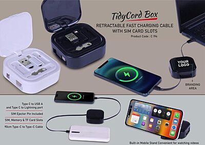 TidyCord Box: Retractable Fast Charging cable with Sim card slots
