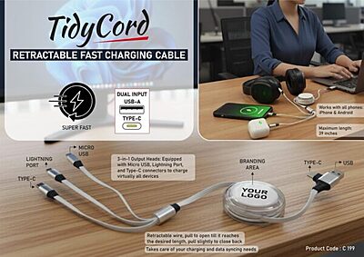 TidyCord: Retractable Fast Charging cable and 3 output heads