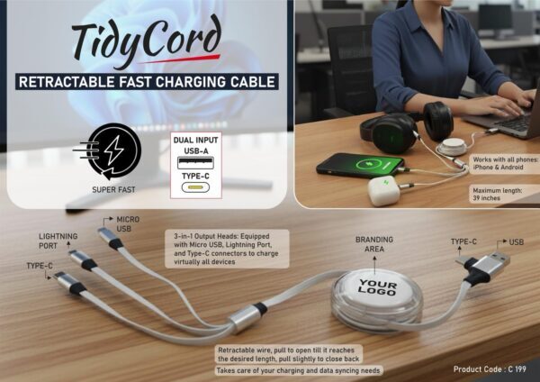 TidyCord: Retractable Fast Charging cable and 3 output heads TidyCord: Retractable Fast Charging cable and 3 output heads