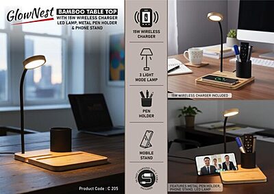 GlowNest: Bamboo Table top with 15W Wireless Charger, LED Lamp,