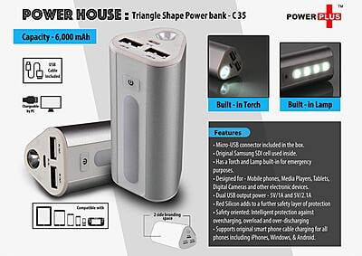 Power Plus Power House : Triangle Shape Power Bank With Lamp And Torch (Dual Usb Port) (6000 Mah)