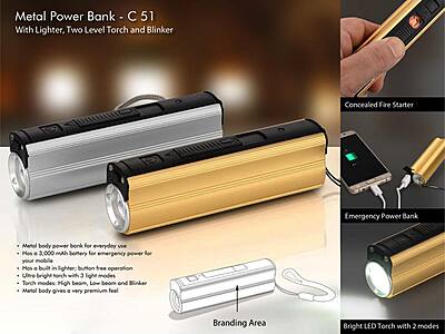 Metal Power bank with Lighter, two level Torch and blinker