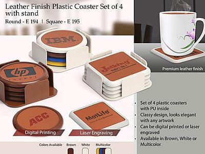 Leather Finish Plastic Coaster Set Of 4 With Stand (Round)
