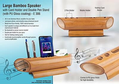 Large Bamboo Speaker With Card Holder And Double Pen Stand (With Pu Gloss Coating)