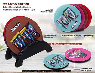 Brando Round: Set Of 4 Round Wooden Coasters With Stand In High Gloss Finish | Moq 100 Pcs