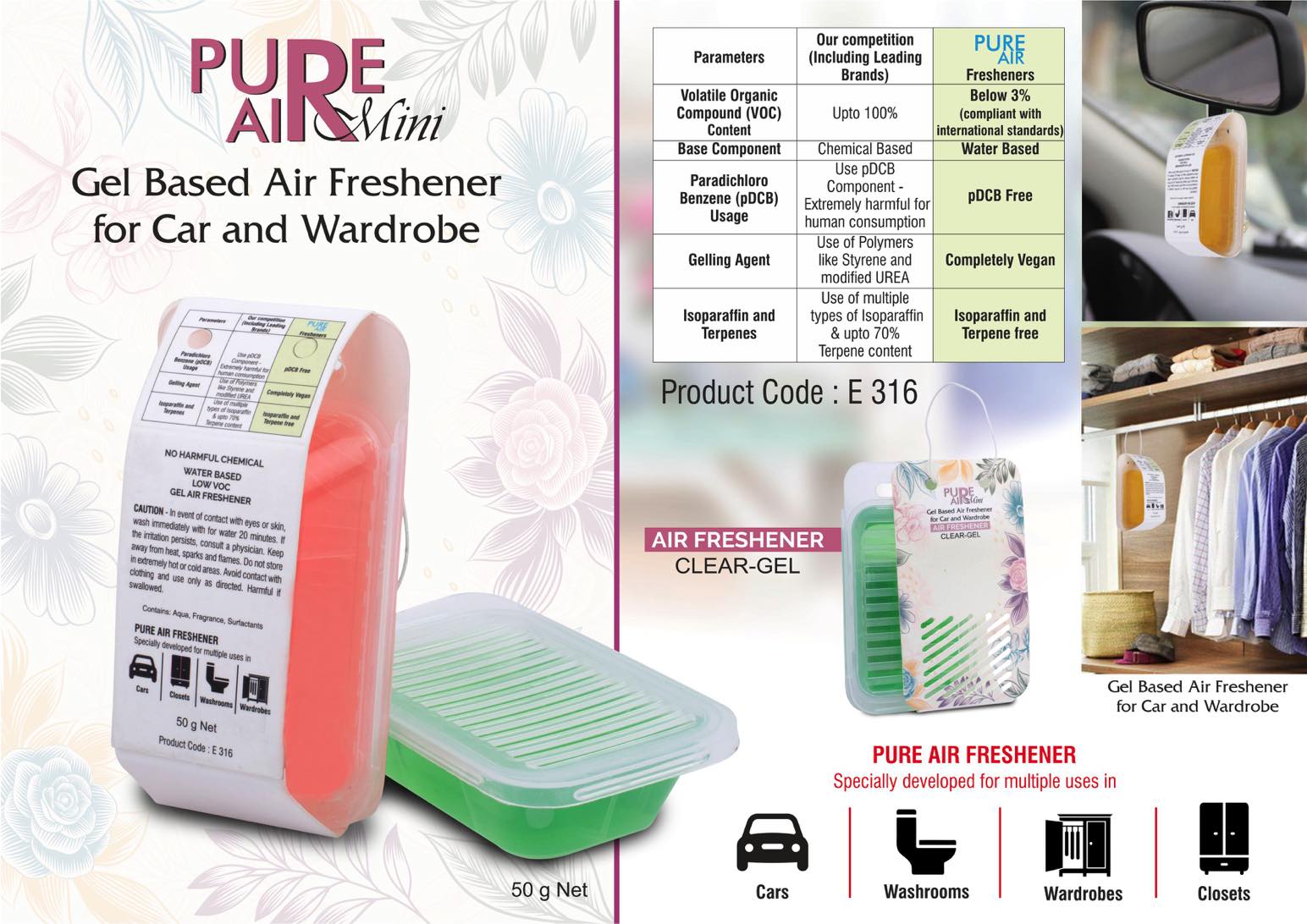 Pure Air Mini: Gel Based Air Freshener For Car And Wardrobe | With Open/Close Mechanism | Net 50 Grams