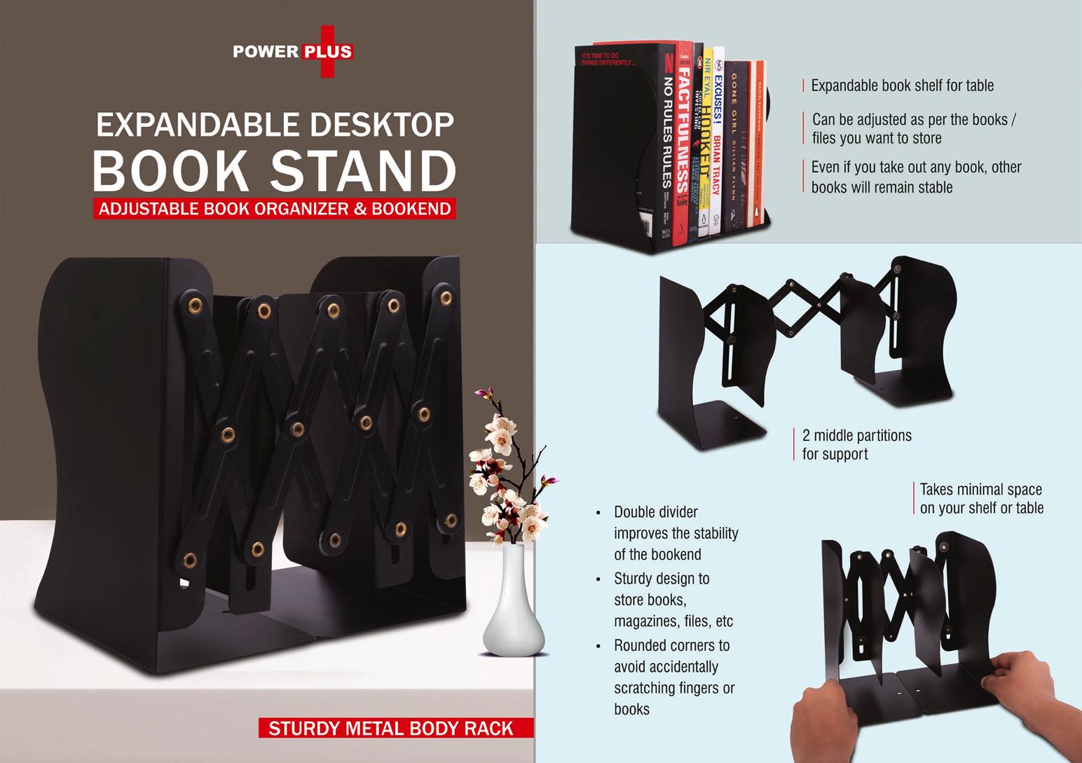 Expandable Desktop Book Stand | Adjustable Book Organizer & Bookend | Sturdy Metal Body Rack | 2 Middle Partitions For Support