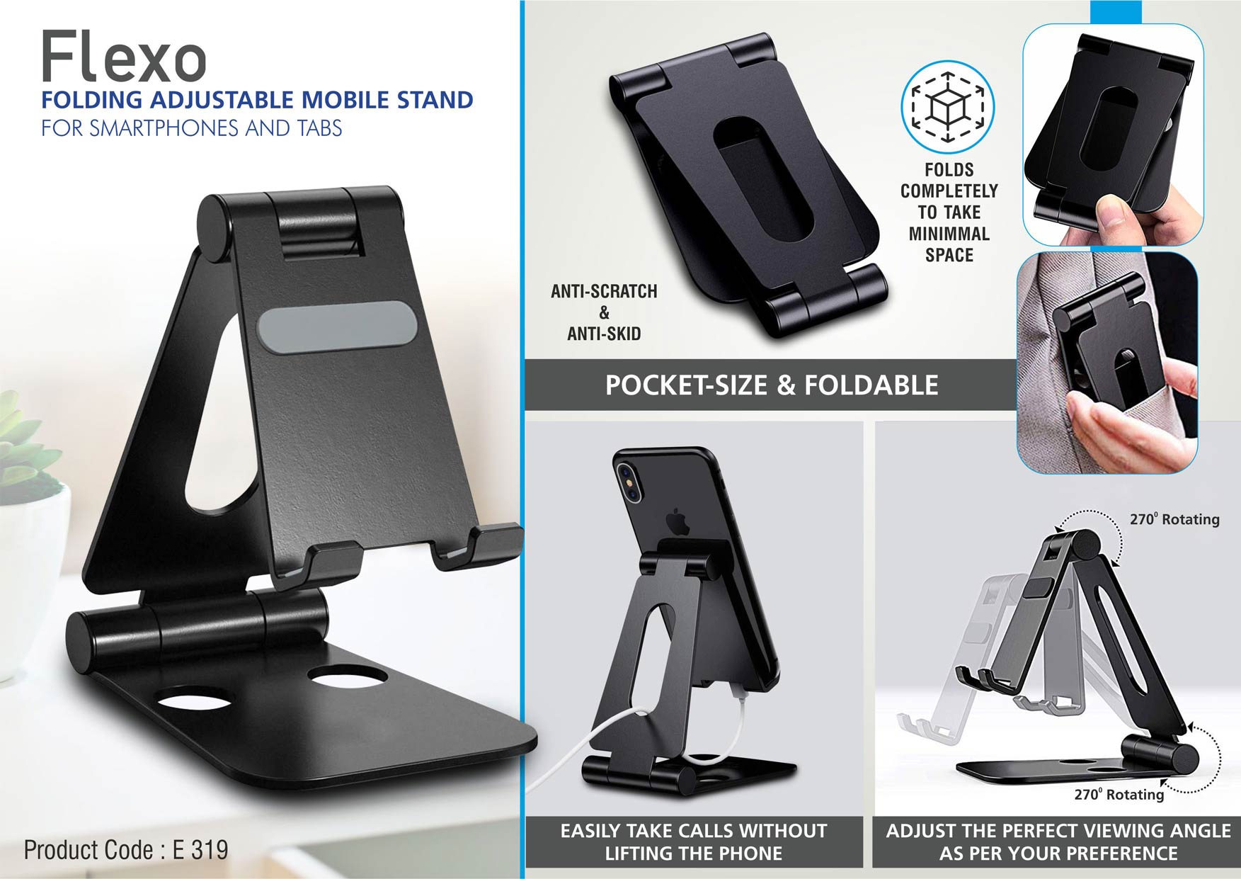 Flexo: Folding Metal Mobile Stand For Smartphones And Tabs | Folds Completely To Take Minimal Space | 3 Fold Style With Double Angle Adjustment