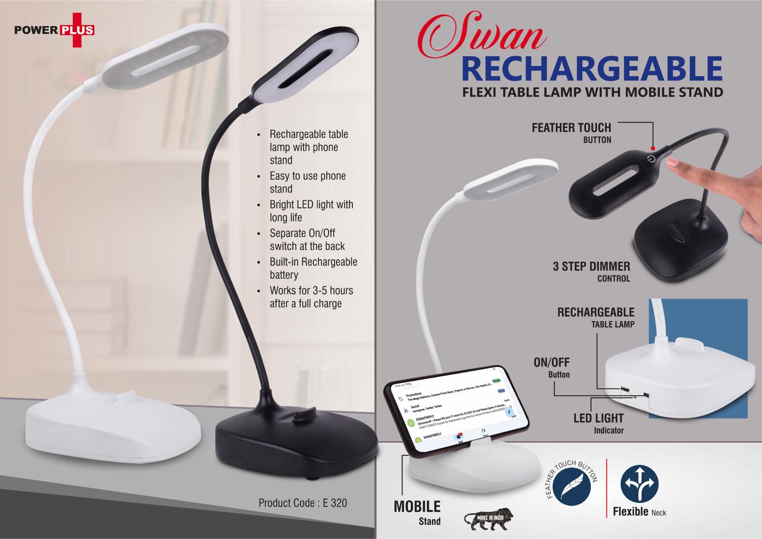 Rechargeable Flexi Table Lamp With Mobile Stand | 3 Step Dimmer Control | Feather Touch Button