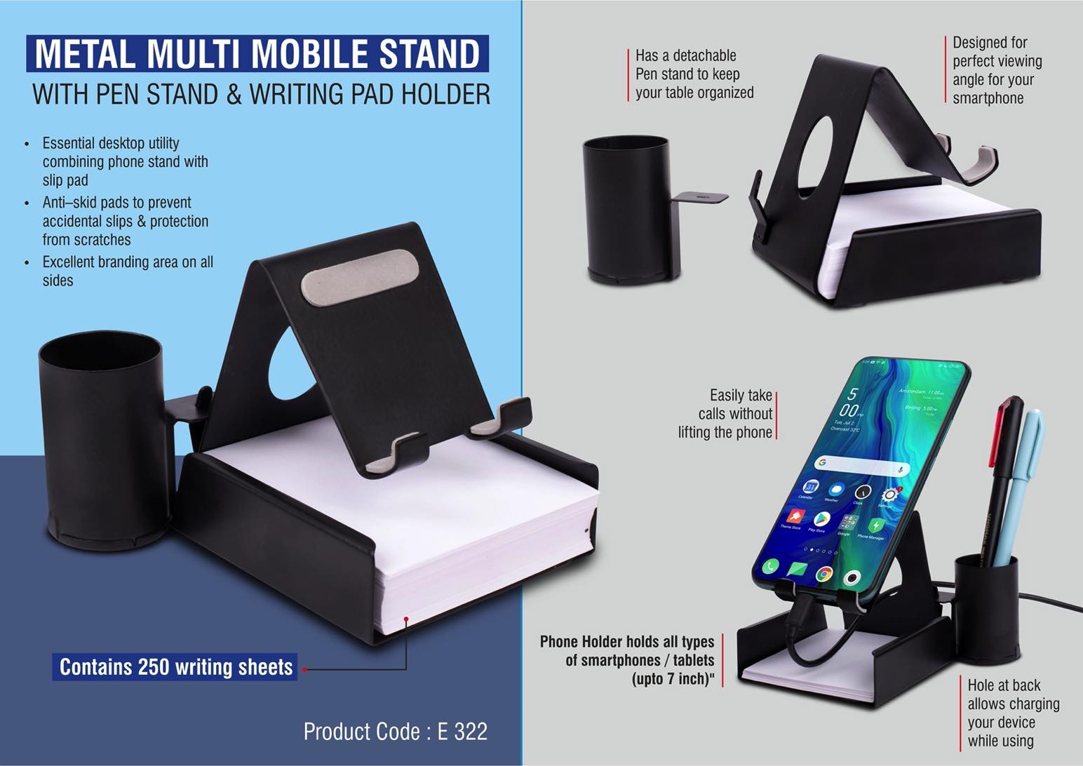 Metal Mobile Stand With Detachable Tumbler And Writing Pad Holder | 200 Writing Sheets Included