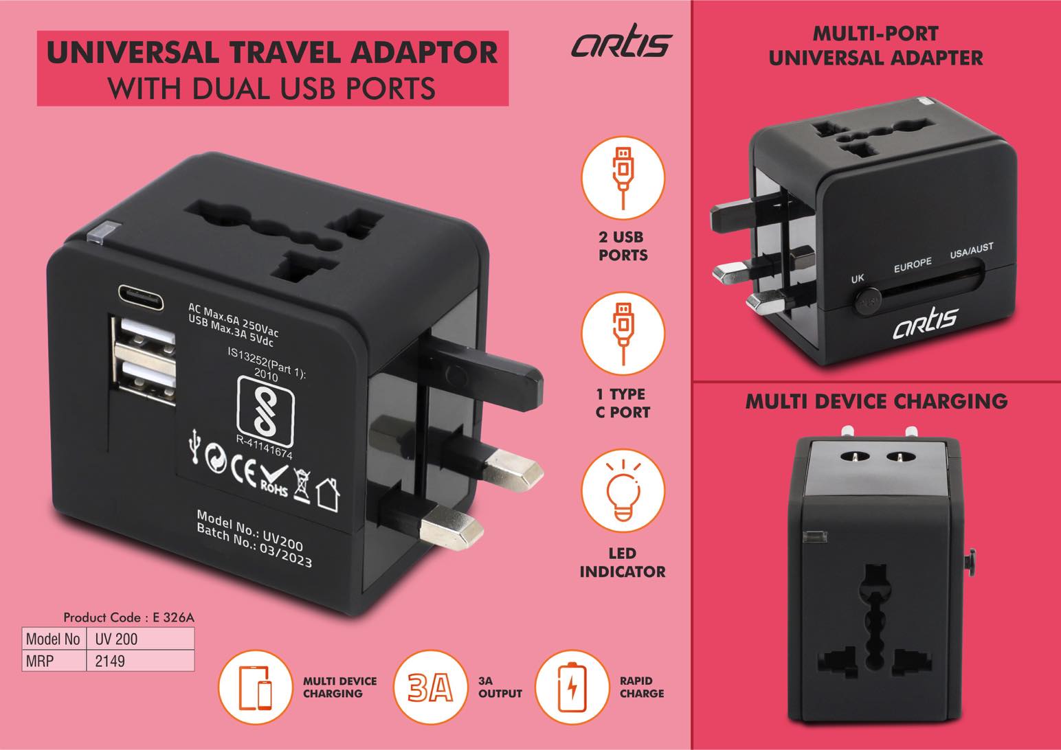 Artis Universal Travel Adaptor With Dual Usb Ports (Uv200)