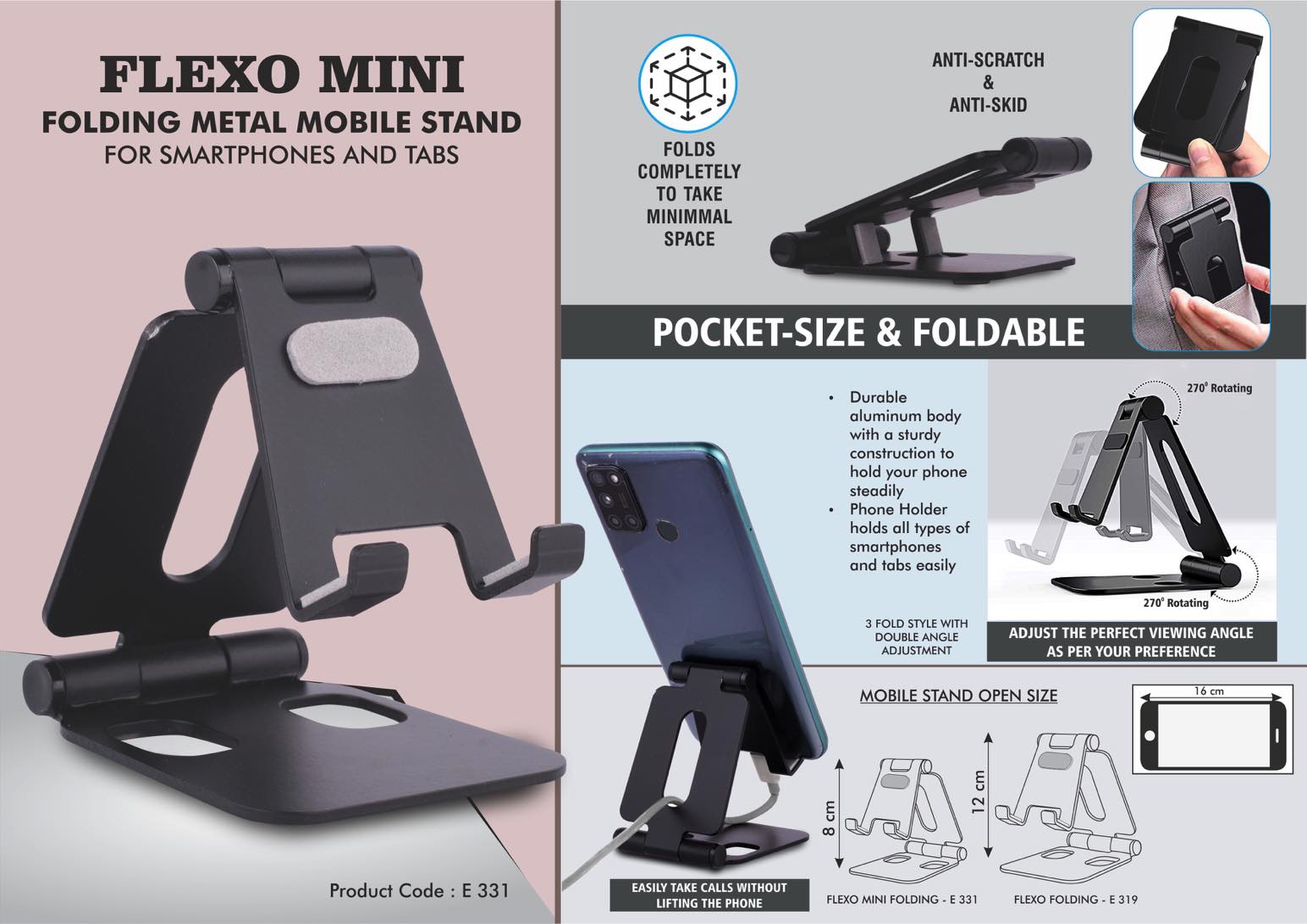 Flexo Mini: Folding Metal Mobile Stand For Smartphones And Tabs | Folds Completely To Take Minimal Space | 3 Fold Style With Double Angle Adjustment