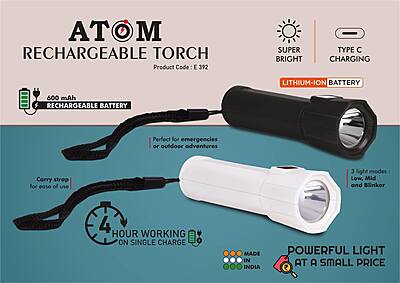 Atom: Rechargeable torch with Type C charging | 600 mah battery