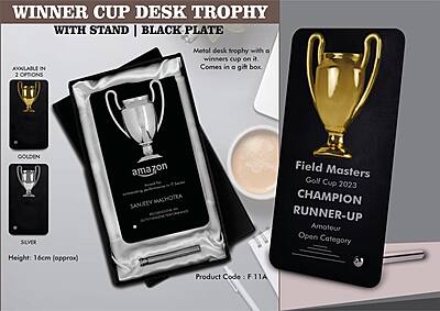 Winner Cup Desk Trophy with stand | Shiny Chrome Cup with Black Plate