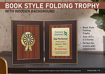 Book Style Folding Trophy with Award Motif | 8.5 x 6.5″ | Wooden Background