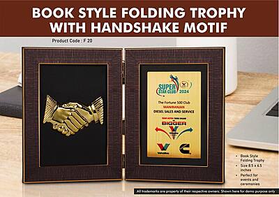 Book Style Folding Trophy with Handshake Motif | 8.5 x 6.5″ | Solid Background
