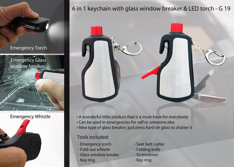 6 in 1 keychain with glass window breaker & LED torch 6 in 1 keychain with glass window breaker & LED torch
